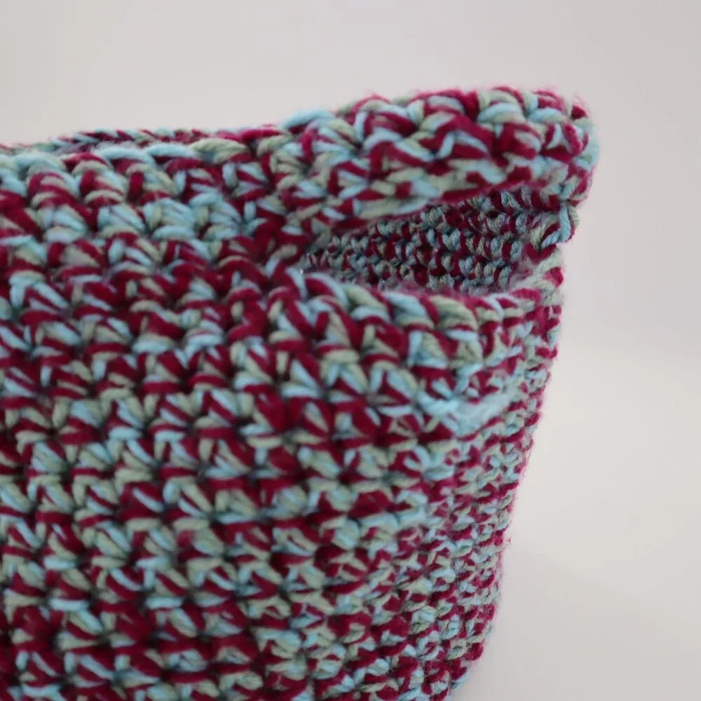 Handmade Knit Basket Bag With Handles‎ Burgundy Teal Yarn Boho Granny Cottage